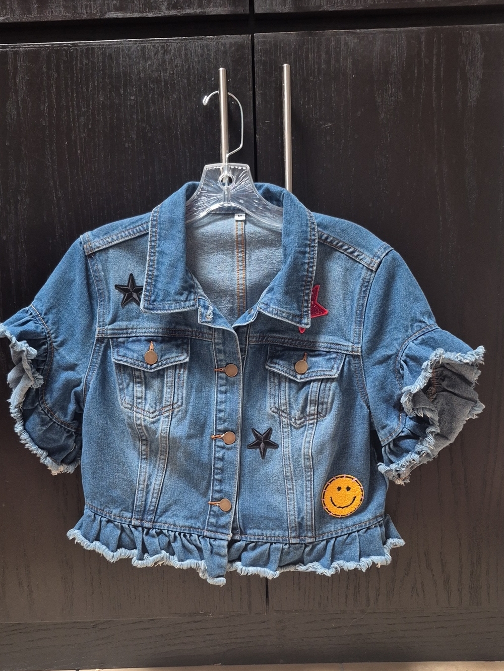 Ruffle Crop Jean Jacket With Patches Sz M